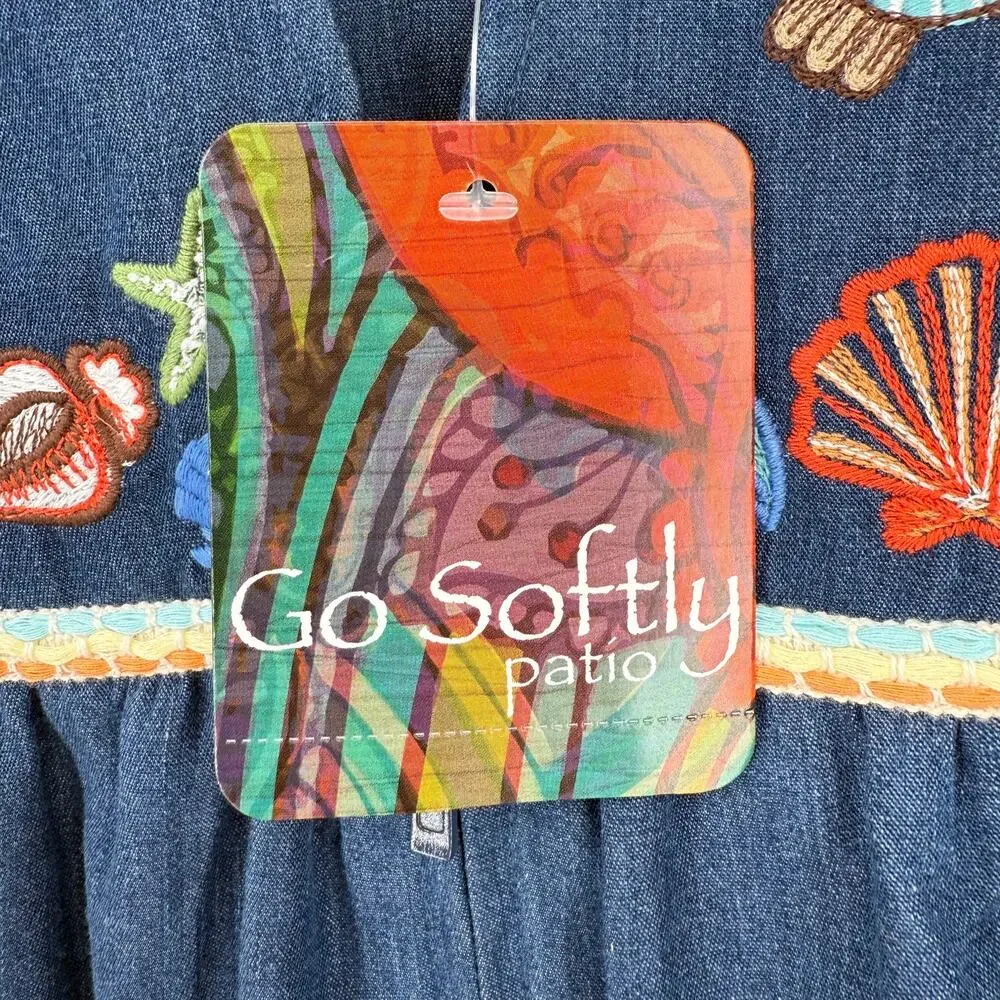Go Softly Denim Embroidered Turtle Shell Patio Dress Sz XL Sea Life Full Zip - Picture 9 of 10